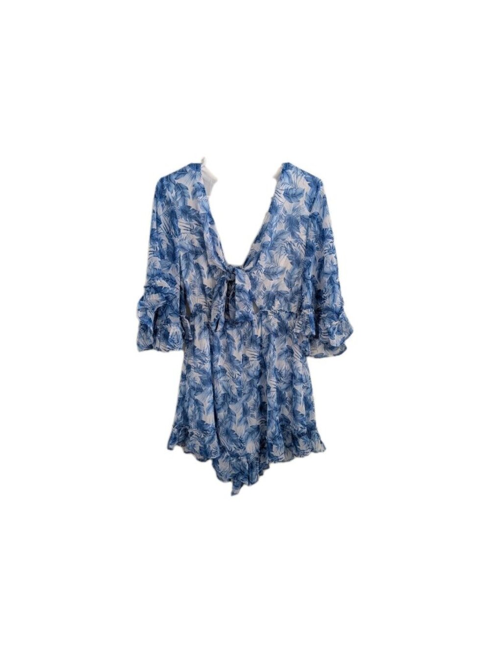 Francescas Tropical Palm Romper S Blue White Tie Front Ruffle Chiffon Resortwear